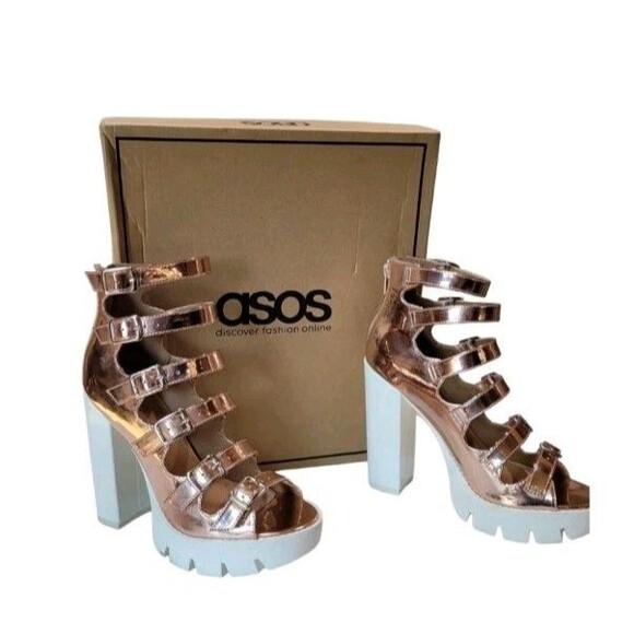 Asos Orlanda Chunky Platform Buckle Sandals Metallic Open Toe Shoes Rose Gold 6 - Picture 3 of 11